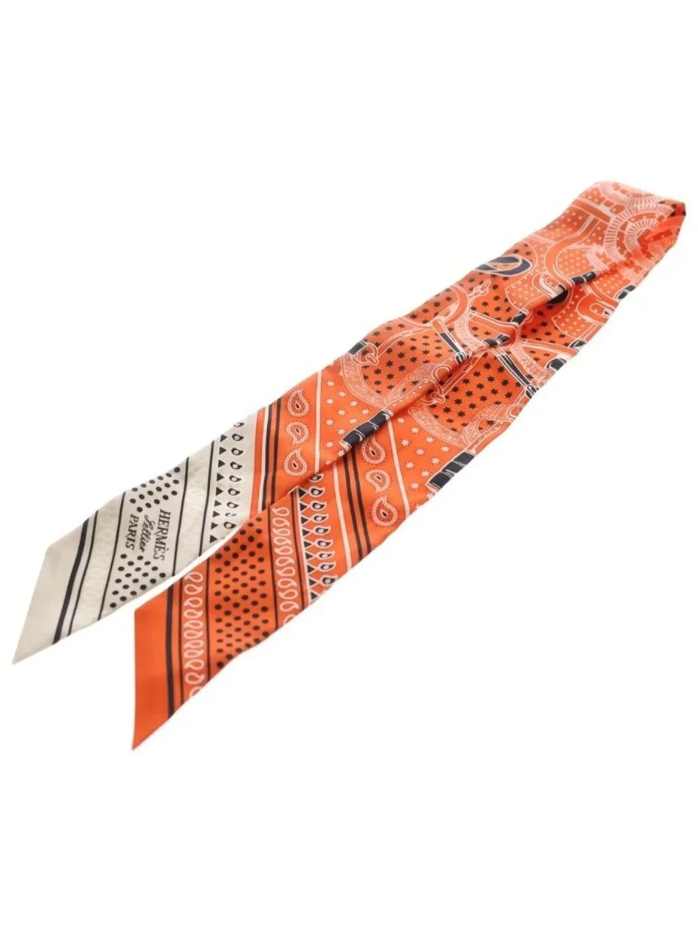Hermes Eperon D'or Cut Apron Cut Bandana Pattern Silk Scarf Orange White